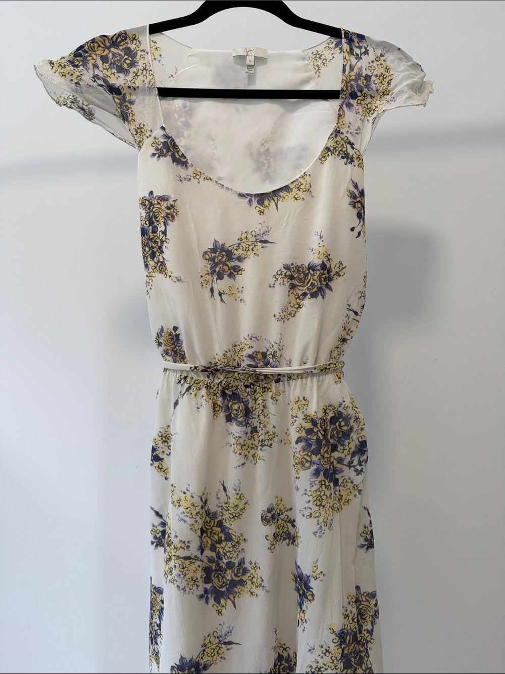 Josie Floral Scoop-Neck White Maxi  Silk Dress with Yellow & Blue Bouquet Print